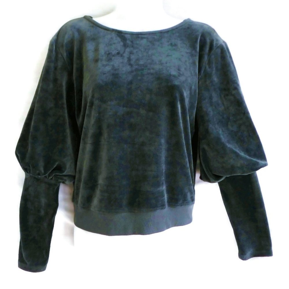 Joie Velour Sweatshirt Balloon Mutton Sleeve Petrol Blue Gray Super Soft XS